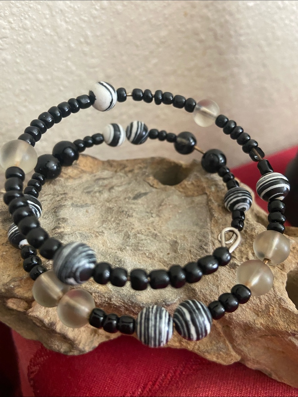 Vintage 90s Handmade Black and White Beaded Wrap Bracelet